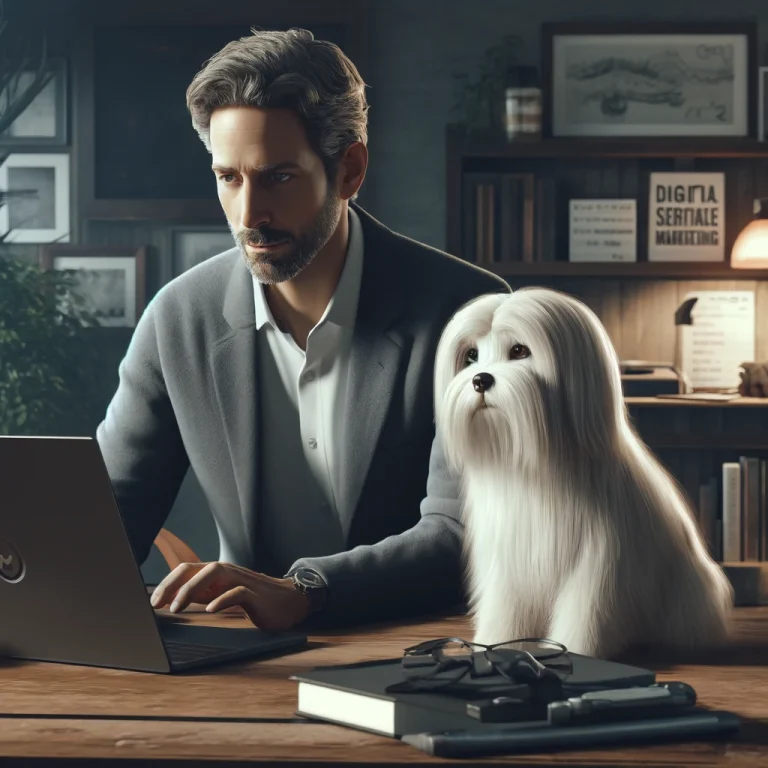 A man in his late 50s sits at a home office desk with his service dog, a thin white terrier named Sasha, planning digital marketing strategies.