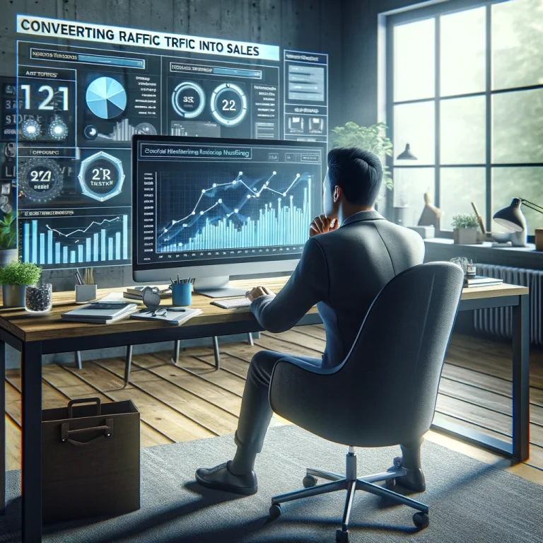 An entrepreneur in a modern home office analyzing traffic and sales conversion data on a computer screen, surrounded by digital marketing tools.