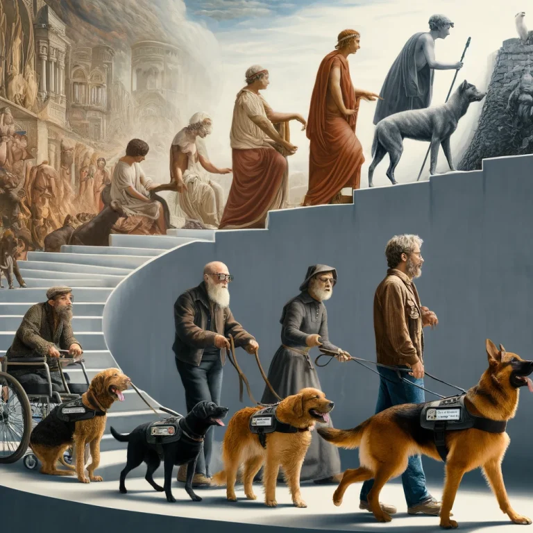 A photorealistic depiction of the historical evolution of service dogs, showing scenes from ancient Rome, the medieval era, the 20th century, and the present day. Each scene illustrates service dogs aiding people with disabilities in context-appropriate attire and settings