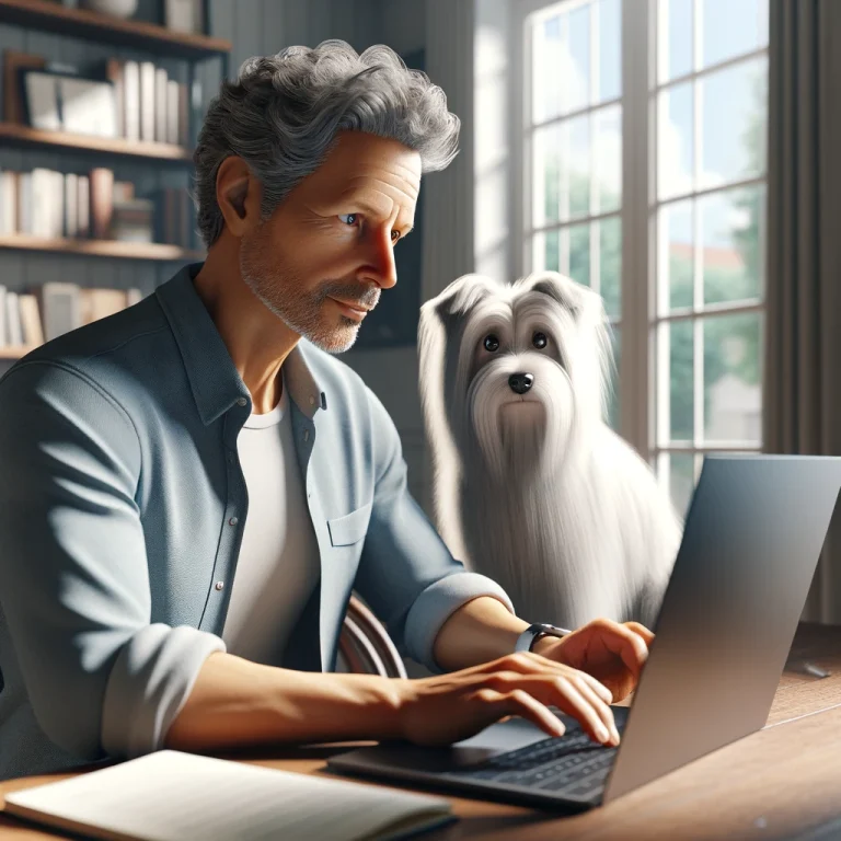 A man in his late 50s with white hair, sitting at a home office desk, accompanied by his thin white long-haired terrier-like service dog, Sasha, focusing on marketing strategies.