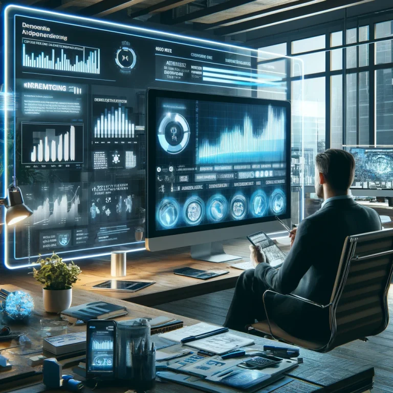 An entrepreneur analyzes 2024 affiliate marketing trends on a computer screen in a modern office, surrounded by digital marketing tools and resources.