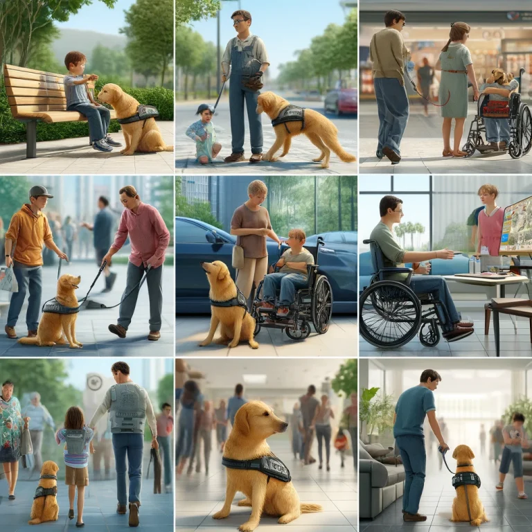 A photorealistic depiction of service dogs assisting individuals with autism in various everyday settings, including a child in a park, a teenager in a mall, and an adult at home.