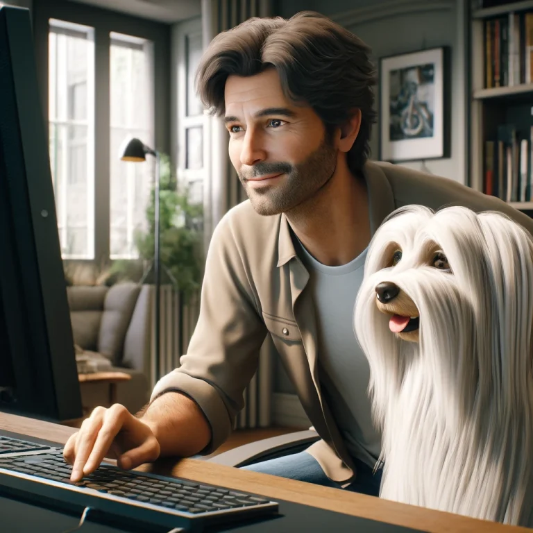 A man in his late 50s, seated with his medium long-haired white terrier-like service dog, illustrating a scene of companionship and teamwork.