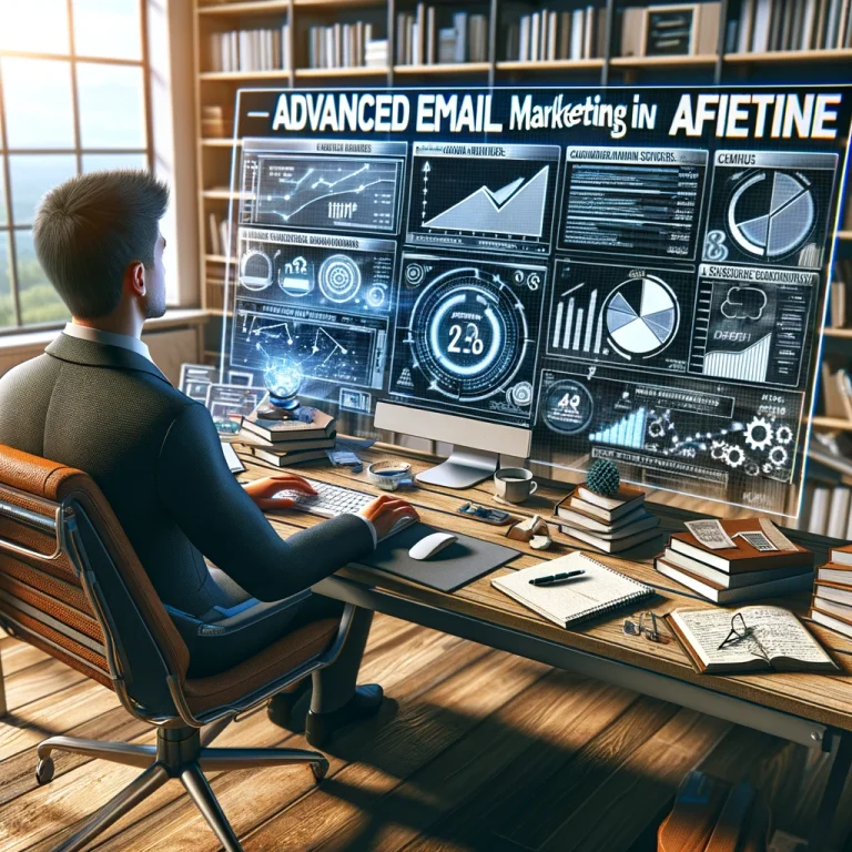 Digital marketer analyzing email campaign analytics on a computer in a modern office, surrounded by marketing books and real-time data displays.