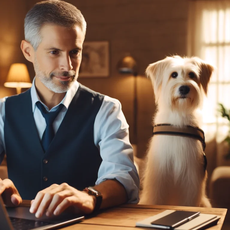 A man in his late 50s with a thin white medium-long haired terrier, named Sasha, sitting beside him in a cozy home office setting.