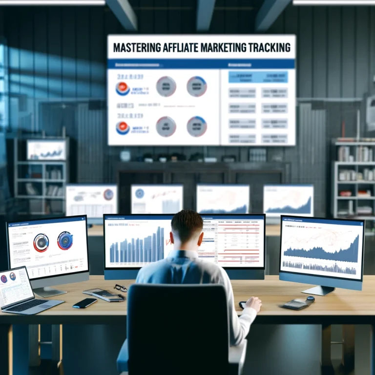 Affiliate marketer in a modern office analyzing marketing performance metrics on multiple computer screens, surrounded by digital tools and graphs.