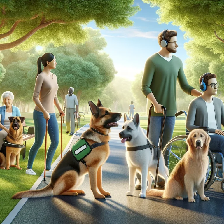 A realistic illustration of a diverse group of people with disabilities and their service dogs in a park. Includes a woman in a wheelchair with a Labrador, a man with a cane and a German Shepherd, and a young adult with autism and a Golden Retriever.