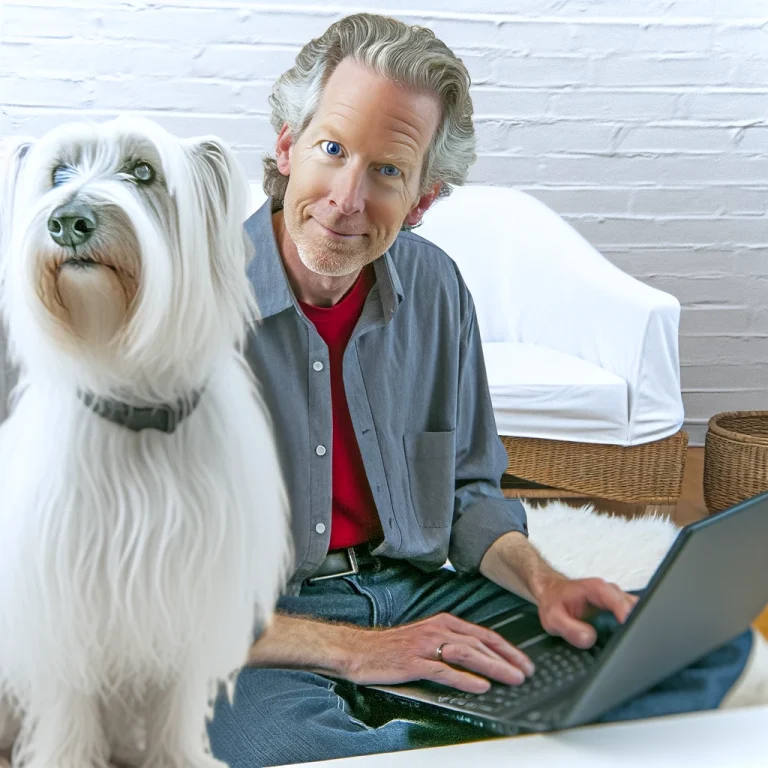 A man in his late 50s with a white, medium long-haired service dog named Sasha, working on a laptop in a serene outdoor setting, illustrating the balance of running a side hustle while managing mental health.