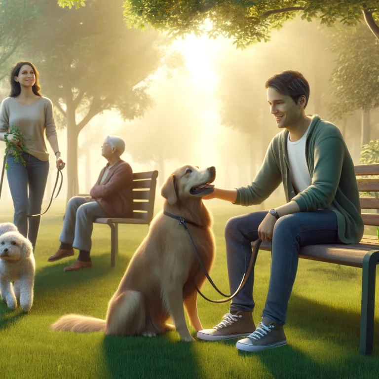 A photorealistic illustration of three people with their service dogs in a peaceful park setting. A young woman on a bench pets a Golden Retriever, a middle-aged man walks with a Labrador, and an older woman sits with a Poodle under a tree.