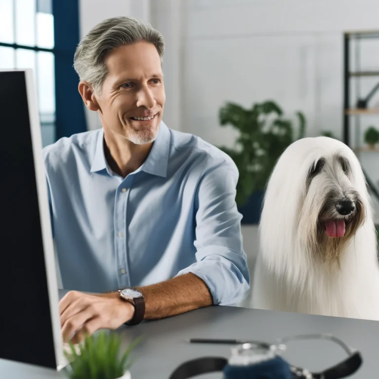 A photorealistic image of a man in his late 50s sitting with his white, medium long-haired service dog, Sasha, who has white long thin hair on her face like a terrier. They are in a cozy home setting, symbolizing comfort and companionship.