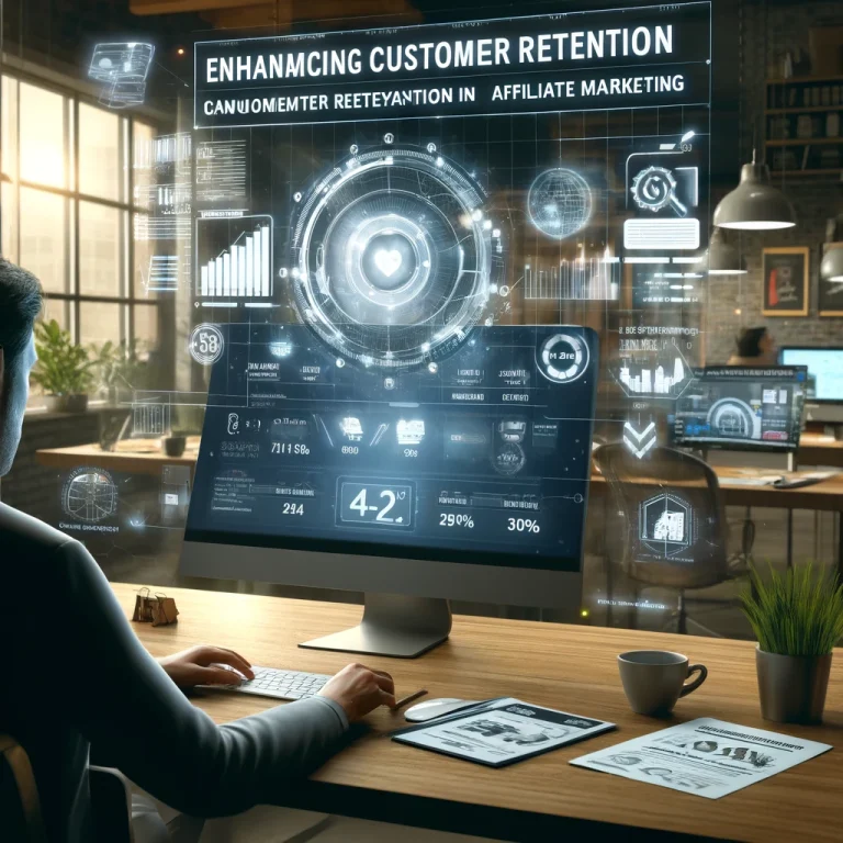 Digital marketer analyzing customer retention metrics on a computer in a modern office setup, with charts on customer engagement and notes about affiliate strategies.