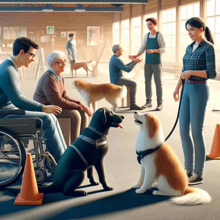 A photorealistic depiction of a diverse group of individuals training with service dogs in a specialized center. The image shows a young man in a wheelchair interacting with a black Labrador, an elderly woman petting a Golden Retriever, and a child receiving instructions on commanding a Border Collie, surrounded by training equipment like cones and agility obstacles.