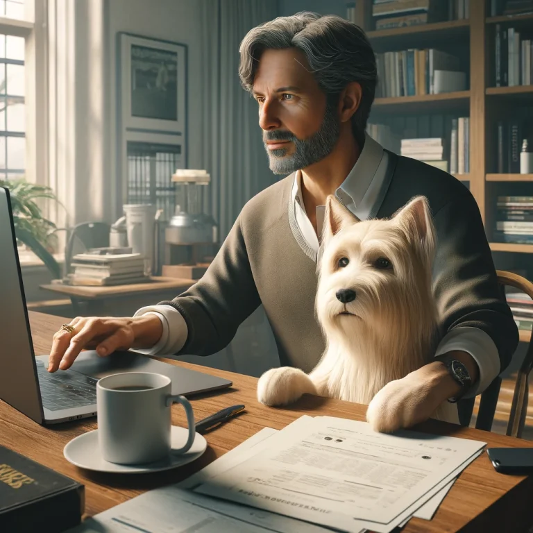 A man in his late 50s and his service dog, Sasha, a white terrier, working together in a home office.