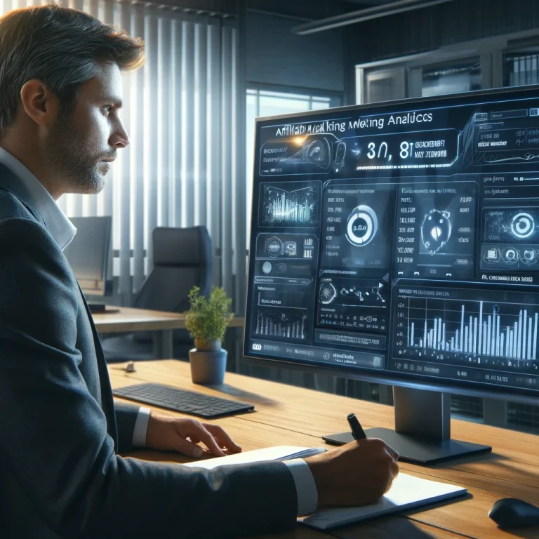 A digital marketer analyzing affiliate marketing data on a computer in a modern office, surrounded by technology and performance charts.