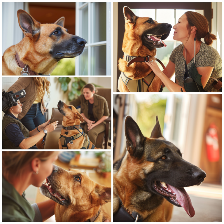 A collage of German Shepherds as service dogs, engaged in various tasks including alerting and supporting their handlers during activities, showcasing their focused expressions and the attentive interactions with their handlers.