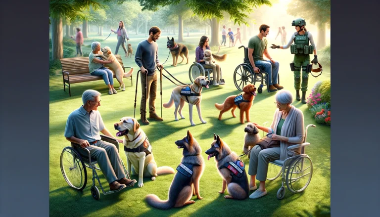 Photorealistic image showing a diverse group of service dogs each paired with their handlers in a serene park setting. Includes a Labrador Retriever assisting a man with mobility, a Golden Retriever providing emotional support to a woman, a German Shepherd with a rescue worker, a Border Collie with a young boy, and a Poodle alerting a woman to a medical condition.