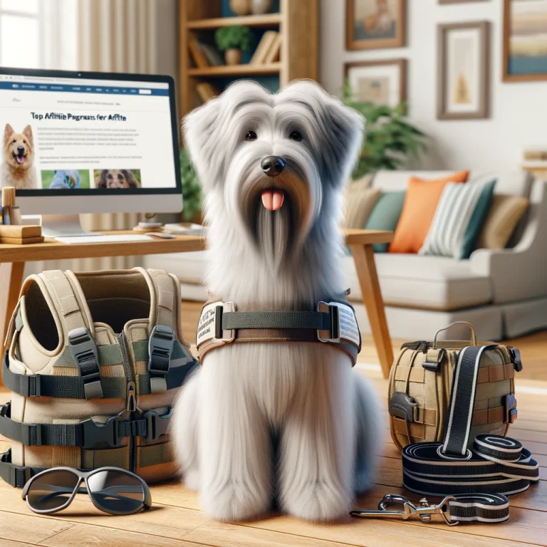 White medium long-haired service dog surrounded by various service dog equipment, sitting in a cozy home setting with a blog displayed on a computer screen.