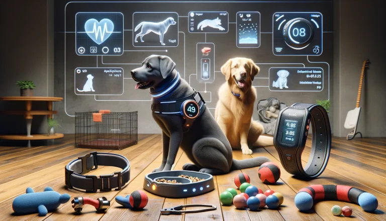 Photorealistic image showing a Labrador Retriever with a smart collar and a Golden Retriever wearing an adaptive harness. Other gadgets include a high-tech feeding device, interactive toys, and all-weather paw protectors in a well-equipped home environment.