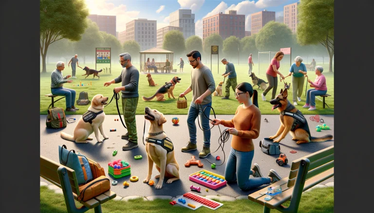 Photorealistic image showing a diverse group of people training their service dogs in a park setting. One person is teaching a Labrador Retriever to 'sit and stay,' another is practicing the 'heel' command with a Golden Retriever, and a third is training a German Shepherd for medical alert. The background shows a service dog retrieving an item for their handler, while another handler practices deep pressure therapy with their service dog on a park bench.