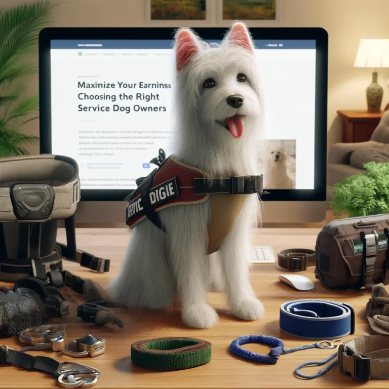 Thin, medium long-haired white service dog resembling a terrier, surrounded by various service dog gear, with a computer screen displaying a blog titled 'Maximize Your Earnings: Choosing the Right Products for Service Dog Owners.'