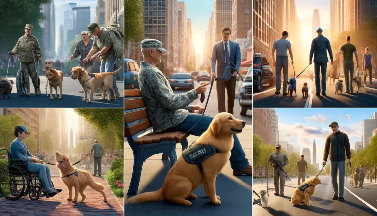 Photorealistic image of a Labrador Retriever assisting a person with mobility issues by retrieving a dropped item, a Golden Retriever providing deep pressure therapy to a military veteran with PTSD, and a Poodle alerting a man to an upcoming diabetic episode. In the background, a German Shepherd guides a visually impaired individual through a crowded street in a bustling urban park.