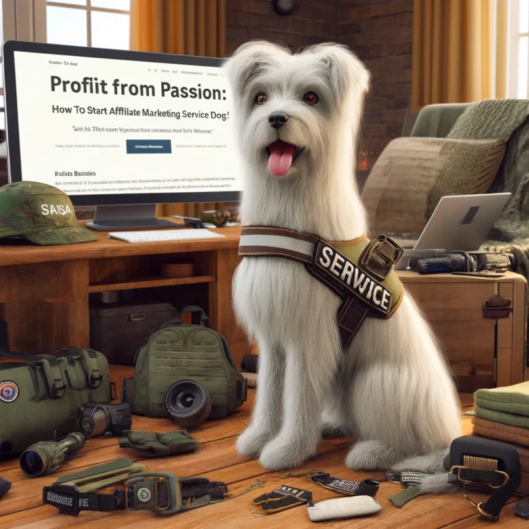 Thin, medium long-haired white service dog resembling a terrier named Sasha, surrounded by various service dog gear like harnesses, leashes, and specialized equipment, with a computer screen displaying a blog titled 'Profit from Passion: How to Start Affiliate Marketing for Service Dogs!