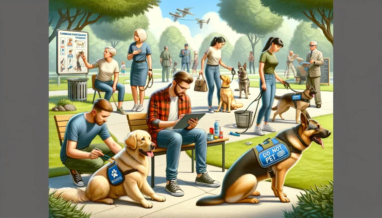 Photorealistic image showing new service dog owners avoiding common mistakes in a park setting. One person seeks professional help from a trainer, another researches suitable dog breeds on a tablet, and a third practices consistent training with a Labrador Retriever using treats. A fourth person grooms their Poodle, while a Golden Retriever wears a 'Do Not Pet' vest, and a German Shepherd helps its handler with mobility issues.