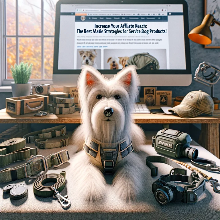 Thin, medium long-haired white service dog resembling a terrier named Sasha, surrounded by various service dog products like harnesses, leashes, and specialized equipment, with a computer screen displaying a blog titled 'Increase Your Affiliate Reach: The Best Social Media Strategies for Service Dog Products!