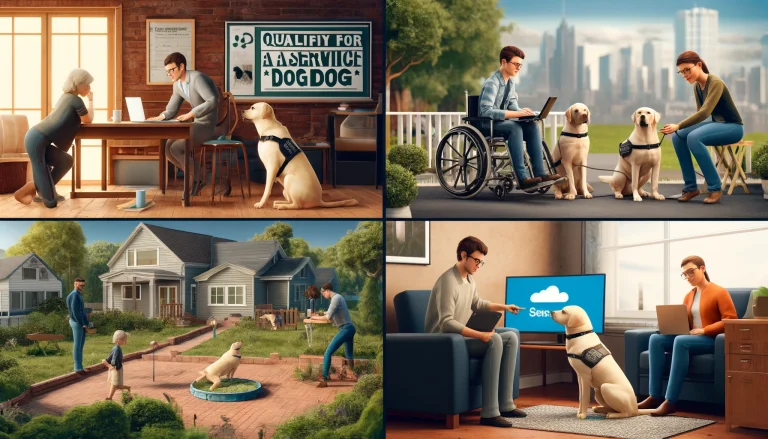 A photorealistic image showing four individuals engaging in different activities related to acquiring a service dog on a budget. One person consults with a trainer in a park, another researches dog breeds on a laptop at home, a third trains a Labrador Retriever in a backyard, and a fourth applies for financial aid on a computer. The setting blends urban and home environments.