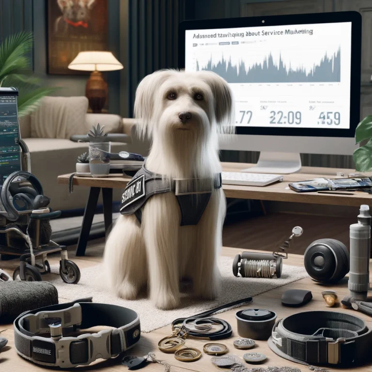 Photorealistic image of a thin, white, medium long-haired terrier-like service dog named Sasha, surrounded by digital marketing tools and service dog products in a cozy home office setting, with a computer displaying affiliate marketing analytics.