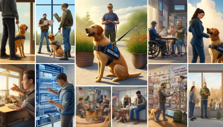 A photorealistic image showing various scenarios of service dog handlers acquiring supplies on a budget. One handler consults with a trainer in a park, another examines harnesses in a pet store, and a third browses online for gear. Additionally, a group participates in a Facebook support group meeting, discussing cost-effective options for service dog supplies.