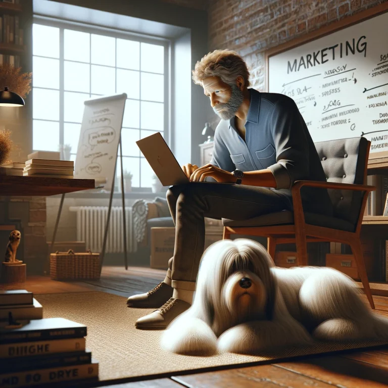 A man in his late 50s works intently at his laptop in a cozy home office, accompanied by his thin white medium long-haired service dog, Sasha, resting beside him.