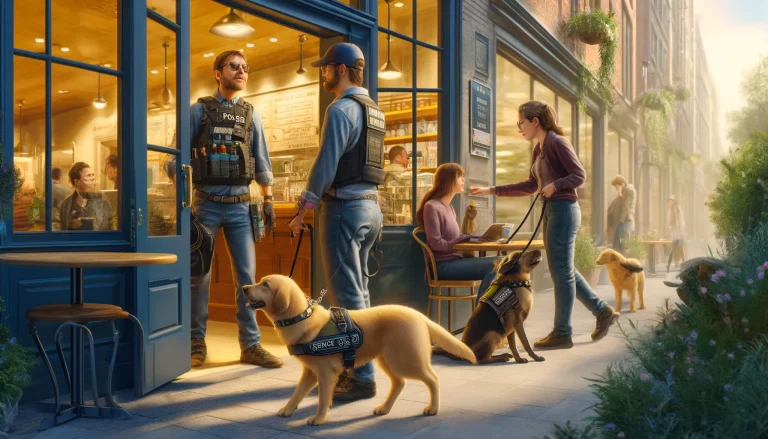 Photorealistic image showing three scenarios of service dogs and their handlers: one entering a restaurant with a service dog in a harness, another discussing access rights with a store manager, and a third training a service dog in a park. Each scene highlights the legal rights and public interactions of service dog handlers, with the dogs wearing essential gear like vests and ID tags.