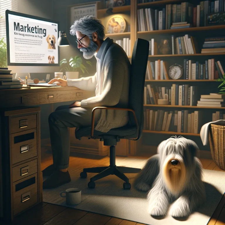 A photorealistic depiction of a man in his late 50s, focused on a computer in a home office, with his thin white medium long-haired service dog, Sasha, resting beside him.