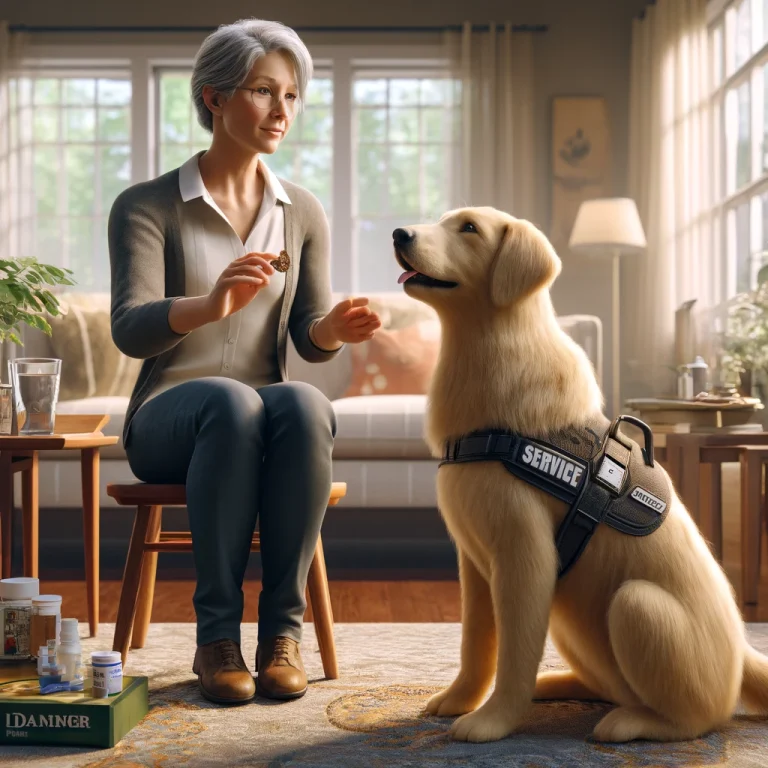 Woman in her late 50s training a golden retriever service dog for anxiety relief in a cozy living room.