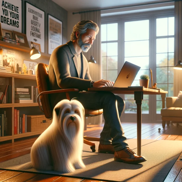 A man in his late 50s working on a laptop in a cozy home office with a thin white service dog with medium-long hair by his side.