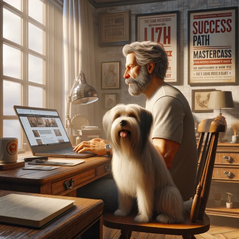 A man in his late 50s working on a laptop in a cozy home office, with his white, medium long-haired service dog Sasha sitting calmly beside him.