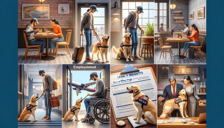 A person in their 30s with a golden retriever service dog wearing a vest, depicted in various scenarios including entering a restaurant, interacting with a landlord, working at an office desk, and boarding an airplane.