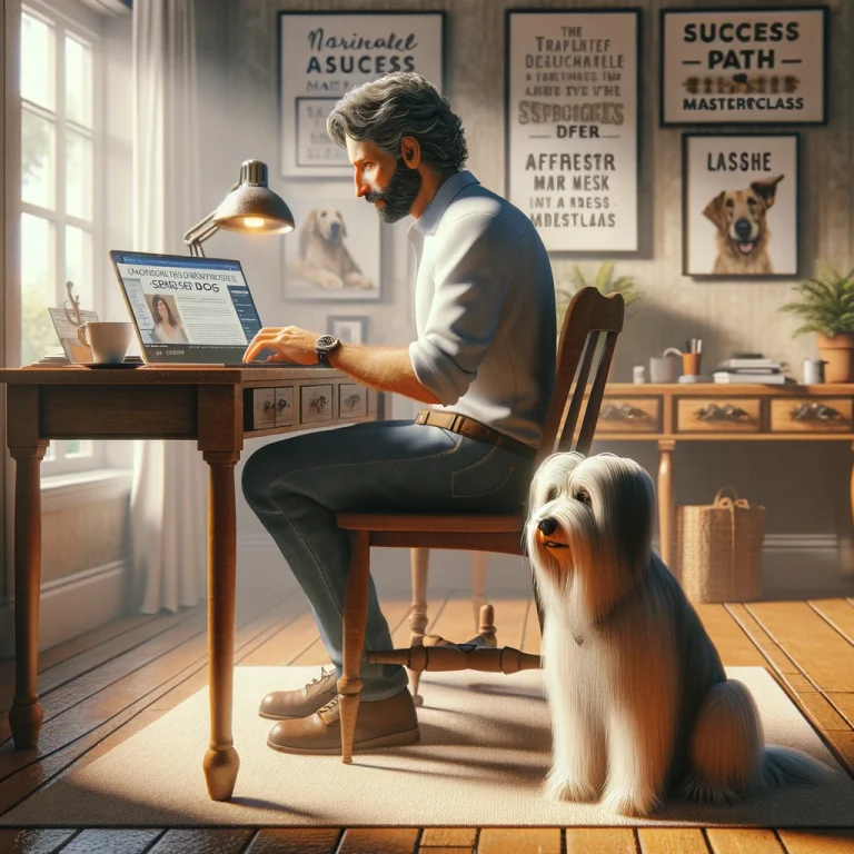 A man in his late 50s working on a laptop in a cozy home office, with his thin white service dog Sasha, who has medium long hair and thin long hair on her face, sitting calmly beside him.