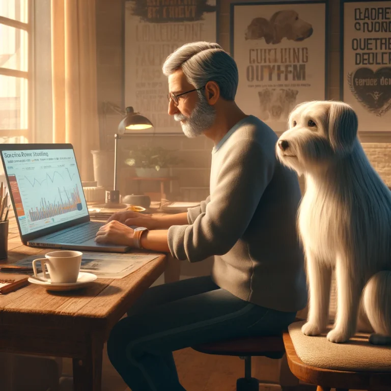 A man in his late 50s analyzing data on his laptop in a cozy home office, with his thin white service dog Sasha, who has medium long hair and thin long hair on her face, sitting calmly beside him.