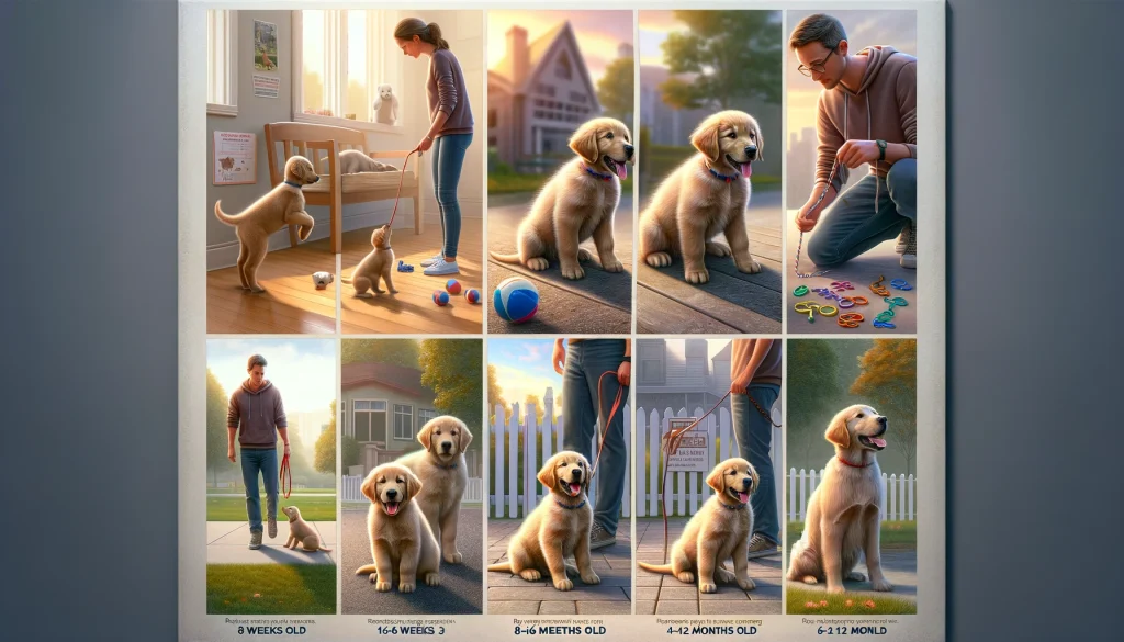 A person with a golden retriever puppy in various stages of development, including early socialization, learning basic commands, leash training, and advanced tasks.