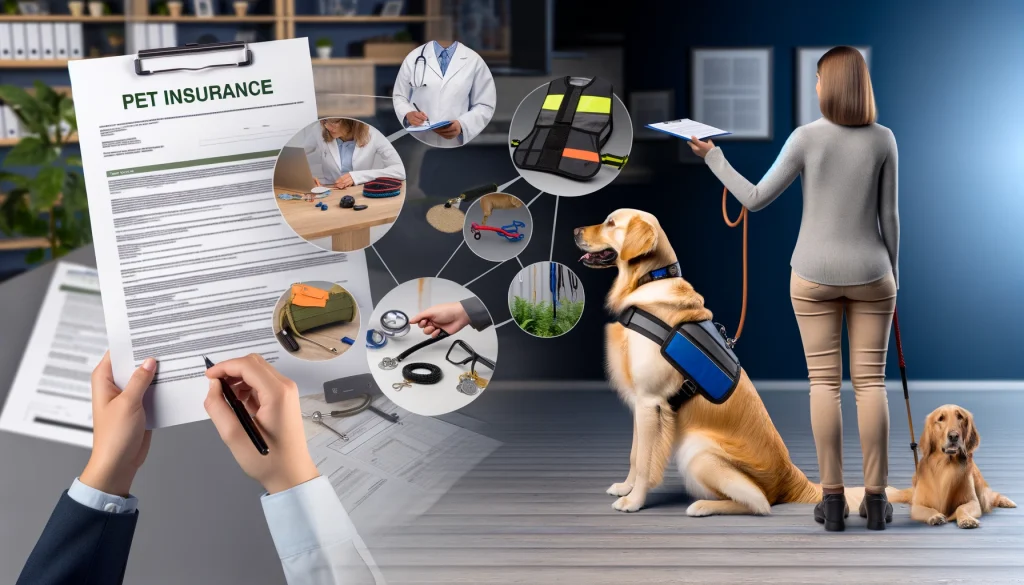 A person with a golden retriever service dog reviewing pet insurance documents, speaking with a veterinarian, and showcasing various service dog products like vests, harnesses, and training tools.