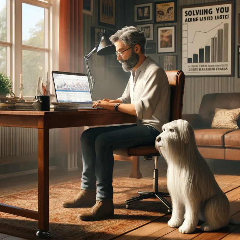 A man in his late 50s working on his laptop in a cozy home office, with his thin white service dog Sasha, who has medium long hair and thin long hair on her face, sitting calmly beside him.