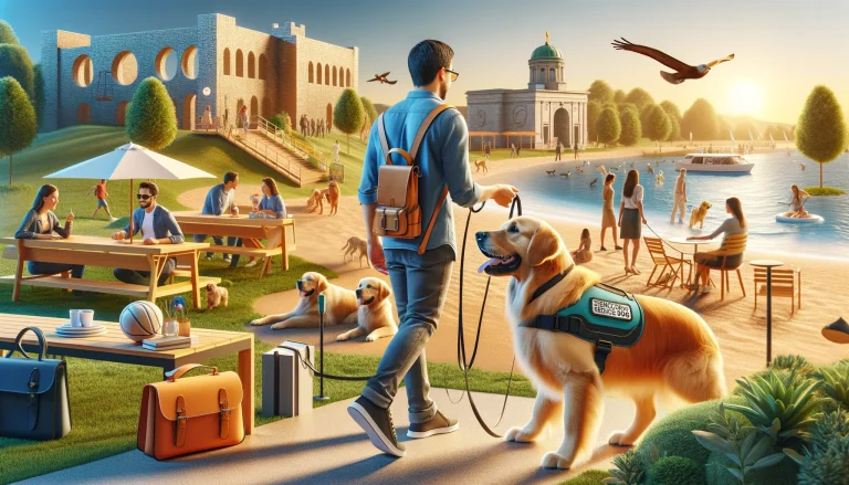 A person in their 30s enjoying a day out with their golden retriever service dog, visiting a park, a pet-friendly beach, an outdoor café, and a historical site.