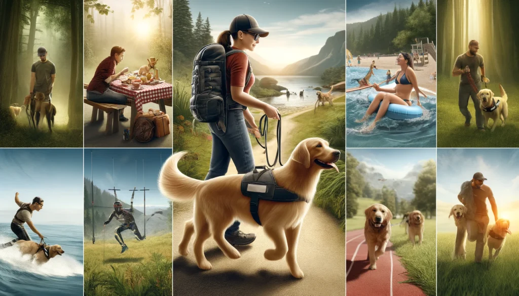 A person in their 30s engaging in various outdoor activities with a golden retriever service dog, including hiking, picnicking, swimming, and participating in an agility course.