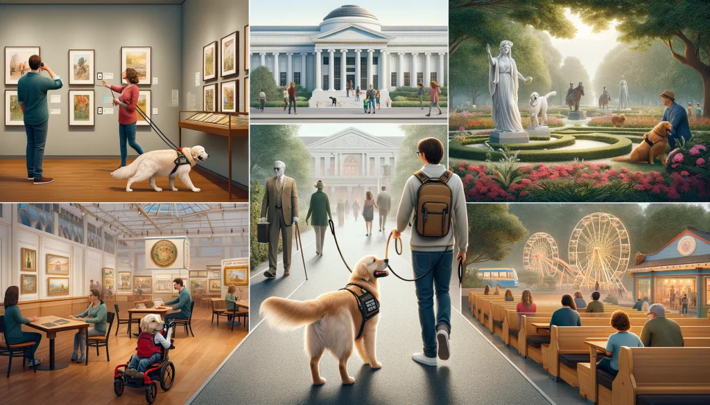 A person in their 30s visiting a museum, art gallery, botanical garden, and theme park with a golden retriever service dog.