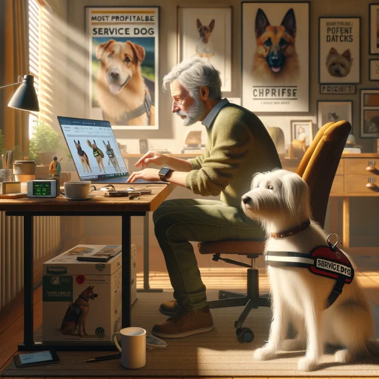 A man in his late 50s working on his laptop in a cozy home office, with his thin white service dog Sasha, who has medium long hair and thin long hair on her face, sitting calmly beside him.