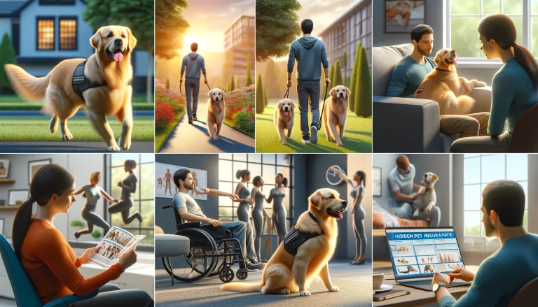 A person in their 30s with a golden retriever service dog, showing various scenarios including walking in a park, providing emotional support at home, social interactions, assisting with rehabilitation exercises, and reviewing pet insurance documents.