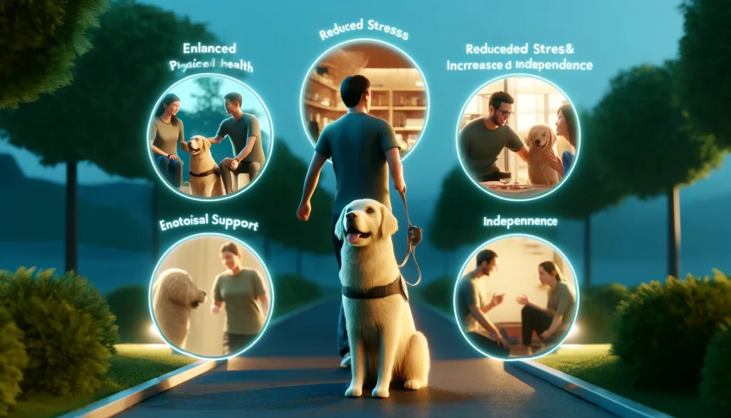 A person in their 30s with a golden retriever service dog, engaging in physical exercise in a park, receiving emotional support at home, and socializing with others while the dog is present.