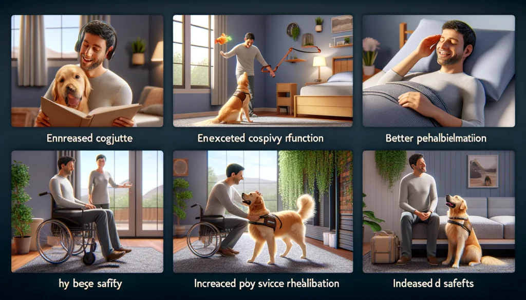 A person in their 30s with a golden retriever service dog, engaging in cognitive exercises, sleeping peacefully with the dog nearby, the dog assisting with physical rehabilitation, and the dog alerting to potential dangers.